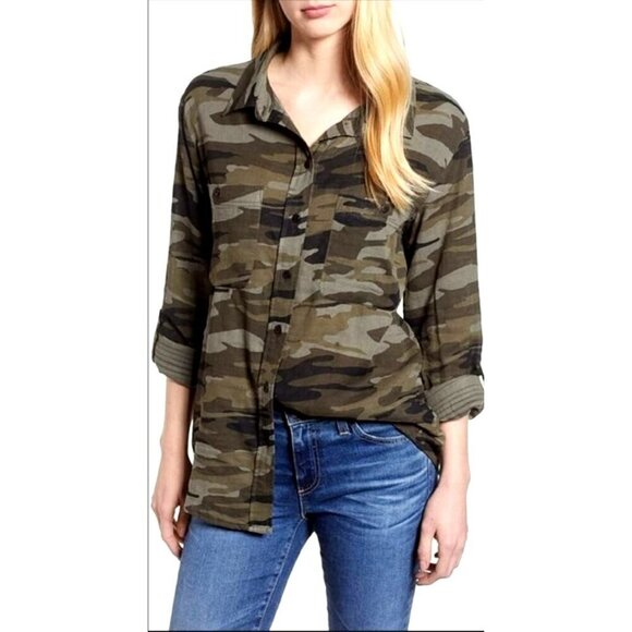 Sanctuary Shirt Women Medium Green Camo Collared Boyfriend Snap Button Down - Picture 1 of 13